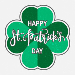 Vector Hand drawn St. Patrick’s Day logotype. Lettering typography with clover on grey background. Festive design for print, poster, flyer, party invitation, icon, badge, sign