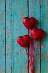 Red hearts with blue background. Valentines Day background.