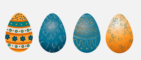Set of orange and blue easter eggs, isolated against a white background. Vector illustration in flat style.