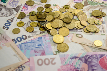 hryvnia and coins. Ukrainian money. Business concept.