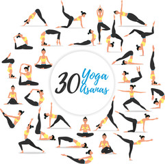 30 yoga asanas set isolated on white background