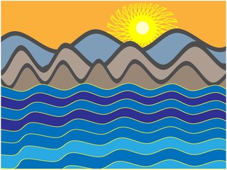 seascape. mountains, sea, sunset. Japanese style. Doodle style. children's poster, sticker