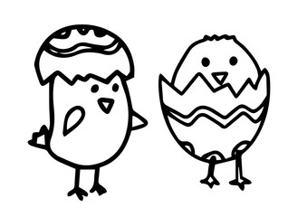 Set cute chickens in eggshell. Vector outline doodle illustration isolated on white background. Concept happy Easter. Desing children textile, coloring book, invitation, T-shirt, poster, print, cup.