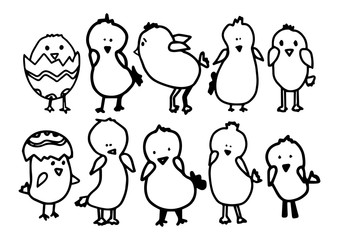 Big Set cute chicks. Vector outline doodle illustration isolated on white background. Concept happy Easter. Desing animation, children textile, coloring book, stikers,T-shirt, print.