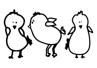 Three different funny chicks. Vector doodle outline illustration isolated on white background. Hand drawing bird. Desing children textile, clothes, invitation, print t shirt, cup.