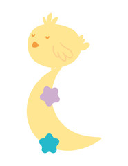 cute little chicken in half moon with stars cartoon