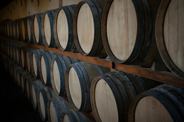 wine barrels in a warehouse