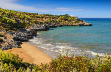 The most beautiful beaches of Apulia: Santa Croce Beach, enclosed by two rocks, stretches a few...