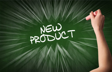 Hand drawing NEW PRODUCT inscription with white chalk on blackboard, online shopping concept