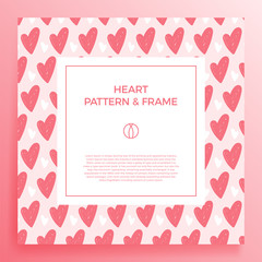 Poster, banner or card Frame Border with love hand draw trendy color heart pattern. Square Geometric Shape. Decorative romantic Vector Illustration. Heart Design with copy space for text.