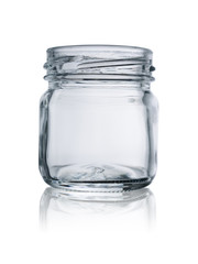 Open empty glass jar for food and canned food. Isolated on white background with reflection