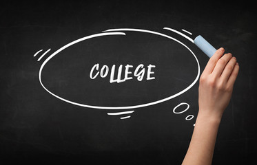 Hand drawing COLLEGE inscription with white chalk on blackboard, education concept