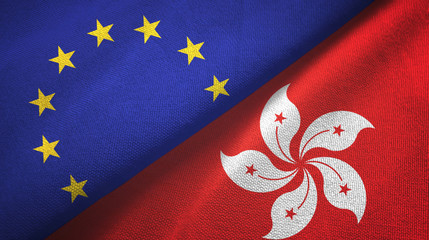 European Union and Hong Kong two flags textile cloth, fabric texture