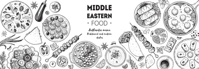 Arabic food top view frame. Food menu design. Vintage hand drawn sketch vector illustration. Arabian cuisine frame. Middle eastern food.