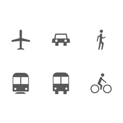 Transportation monochrome simple icon set. Airplane, car, person walking, subway, bus and person in bicycle. Vector design.