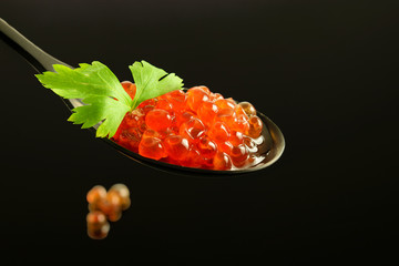 Red fresh caviar on the black  platter and on the black reflective background.