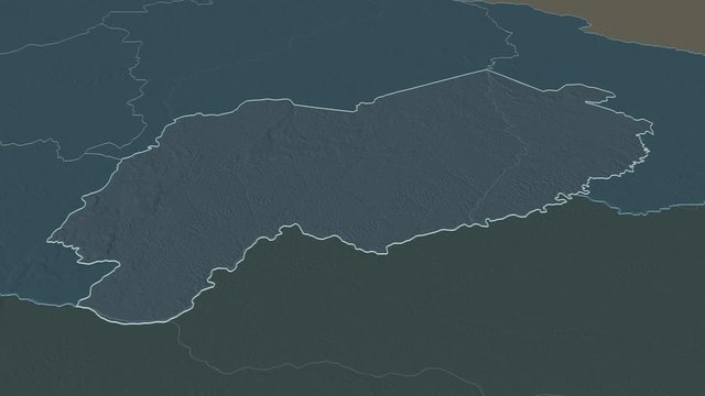 Mbomou, prefecture with its capital, zoomed and extruded on the administrative map of Central African Republic in the conformal Stereographic projection. Animation 3D
