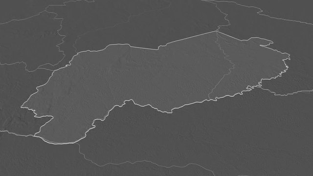 Mbomou, prefecture with its capital, zoomed and extruded on the bilevel map of Central African Republic in the conformal Stereographic projection. Animation 3D