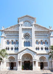 Fototapeta na wymiar Exterior of the Monaco Cathedral (Cathedrale de Monaco) in Monaco-Ville, Monaco. It's famous for the tomb of Prince Rainier