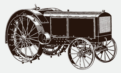 Fototapeta na wymiar Historical solid tractor in quarter front view. Illustration after an engraving from the early 20th century