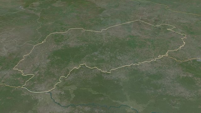 Mbomou, prefecture with its capital, zoomed and extruded on the satellite map of Central African Republic in the conformal Stereographic projection. Animation 3D
