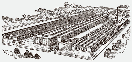 Aerial view of large historical factory site, after antique engraving from early 20th century