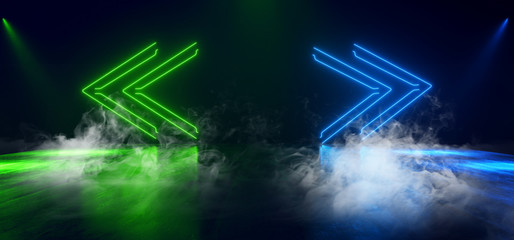 Smoke Neon Arrows Sci Fi Catwalk Podium Stage Empty Dark Green Blue Cyber Virtual Futuristic Club Dance Floor Garage Underground Retro Lasers 3D Rendering