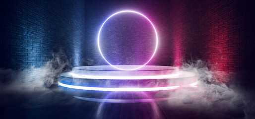 Neon Laser Smoke Circle Stage Glowing Purple Blue Show Dance Floor Beam Cyber Catwalk Brick Walls Concrete Futuristic Sci Fi Retro Background 3D Rendering