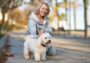 Elderly woman with a dog at outdoor. Focus on the dog.