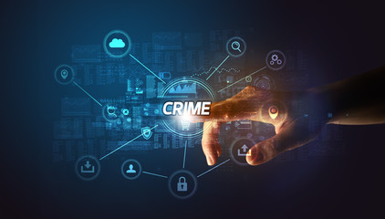 Fototapeta na wymiar Hand touching CRIME inscription, Cybersecurity concept