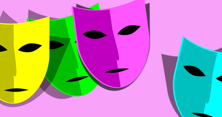Set of colorful carnival masks on pink background. Camouflage the identity, hide the face.Theater, old comedy. Illustration with mysterious aroma. Essence of the hidden.