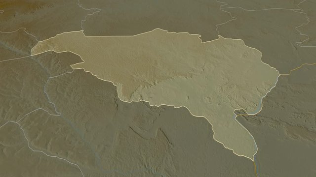 Ombella-M'Poko, prefecture with its capital, zoomed and extruded on the relief map of Central African Republic in the conformal Stereographic projection. Animation 3D