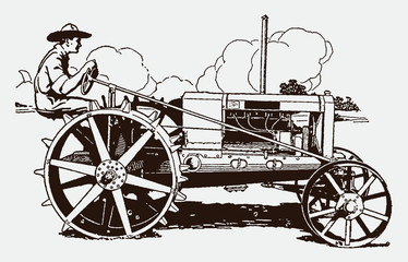 Fototapeta na wymiar Historical farmer driving a tractor in a field in side view. Illustration after an engraving from the early 20th century