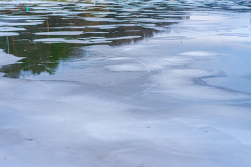 ice on lake water. cold winter day.