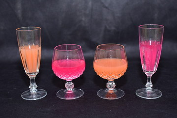 Mock up  design set of elegant and traditional drink ware / drinking glass & Jar for wine or juice, transparent isolated on black background template for branding identity and company logo isolated