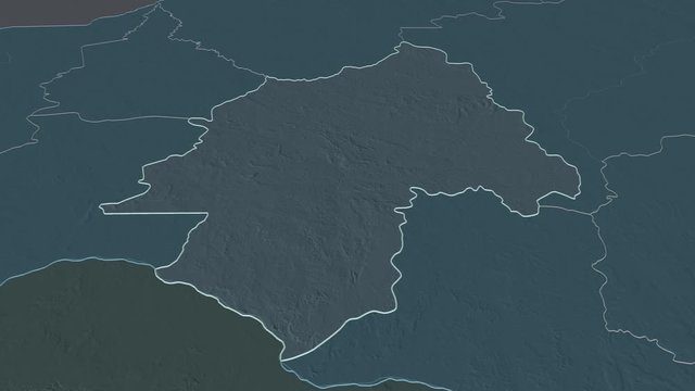 Ouaka, prefecture with its capital, zoomed and extruded on the administrative map of Central African Republic in the conformal Stereographic projection. Animation 3D