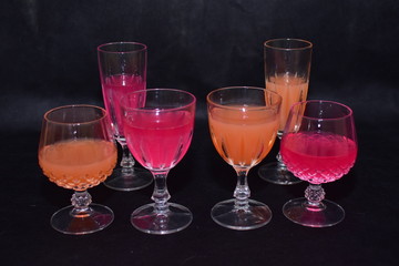 Mock up  design set of elegant and traditional drink ware / drinking glass & Jar for wine or juice, transparent isolated on black background template for branding identity and company logo isolated