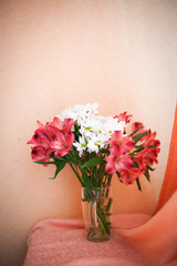 bouquet of white chrysanthemums and pink Alstroemerias