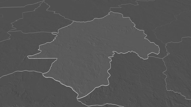 Ouaka, prefecture with its capital, zoomed and extruded on the bilevel map of Central African Republic in the conformal Stereographic projection. Animation 3D