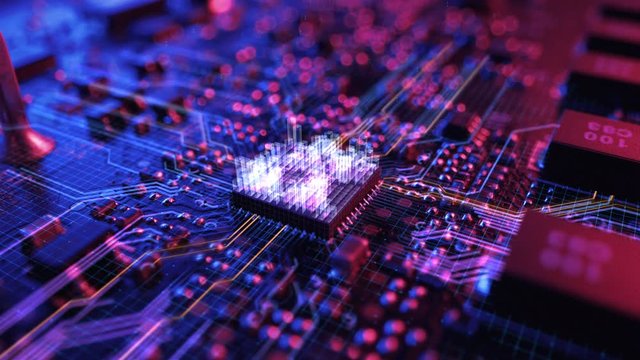 Neon Theme Visualization of Circuit Board CPU Processor Starting Digitalization Process and Information Computing, Processing Bits of Data. Computer Graphics, Special Visual Effects, Animation