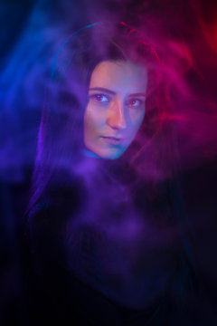 neon light and portrait of a girl.