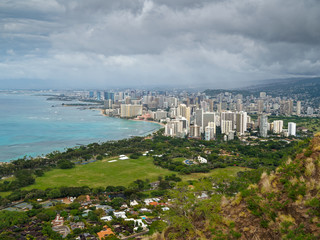 View of Honolulu from Diamond Head Park under a stormy sky