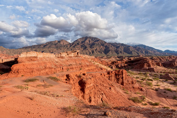 Fototapeta na wymiar Landscape of red earth formations in Quebrada de las Conchas, Salta, northern of Argentina