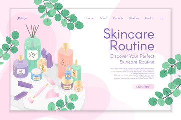 Web page design template for skin care treatment,beauty routine tutorial,spa,wellness,natural products,cosmetics,self care.Vector illustration concept for website, mobile website.Landing page layout.