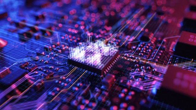 Neon Theme Visualization of Circuit Board CPU Processor Starting Digitalization Process and Information Computing, Processing Bits of Data. Computer Graphics, Special Visual Effects, Animation