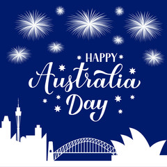 Happy Australia day calligraphy hand lettering. Sidney city skyline and fireworks in the night sky. Vector template for banner, typography poster, greeting card, flyer, t-shirt, postcard, etc.