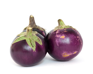 Studio shot of three organic violet round Thai eggplant isolated on white