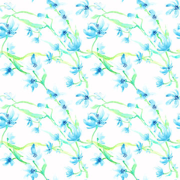 Seamless pattern with blue spring flower on a   white background. Stock illustration. Hand painted  in watercolor.