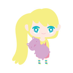 kids, cute little girl anime cartoon with cute cat