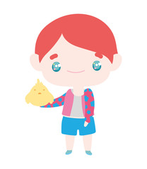 Fototapeta premium cute little boy anime cartoon holding chicken